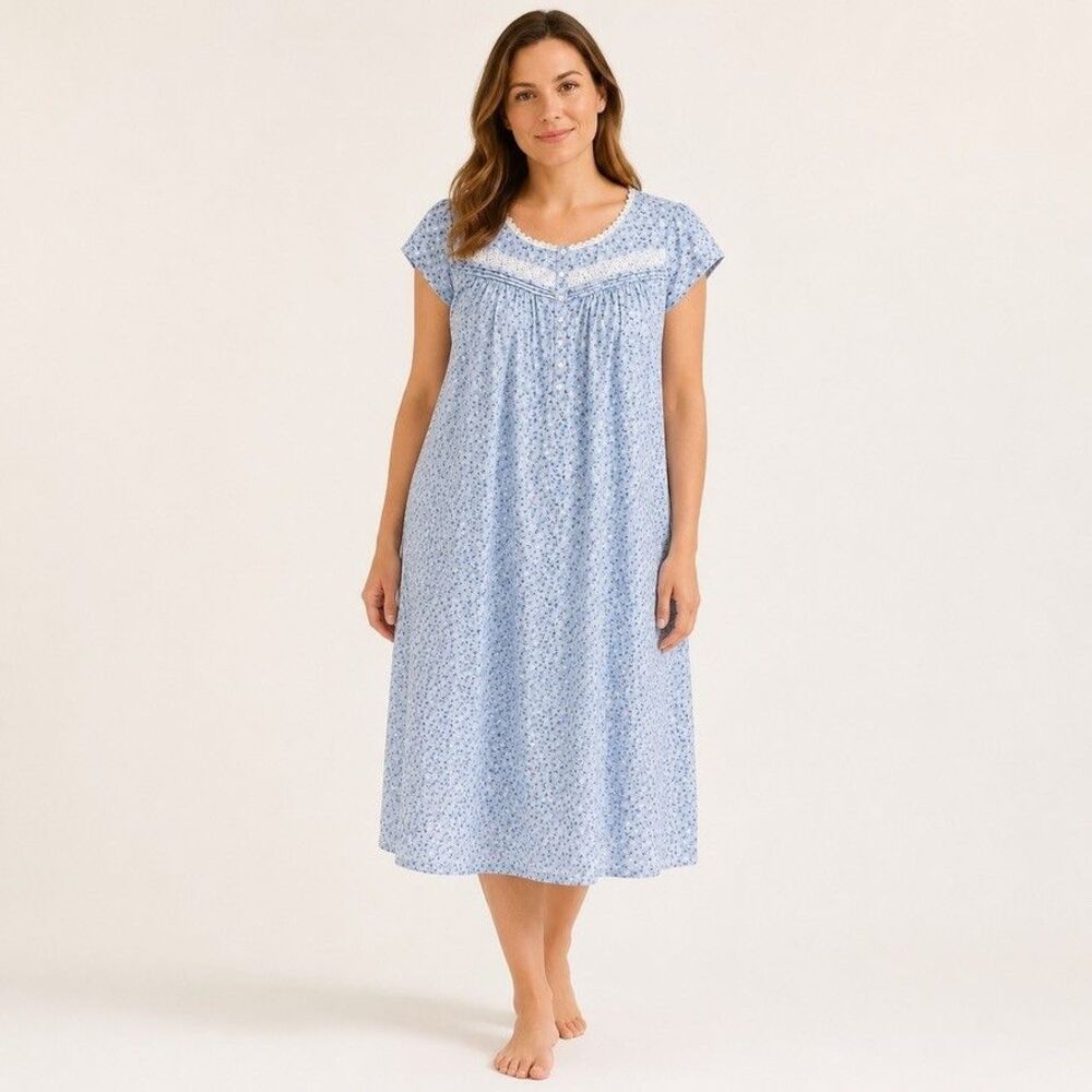 Eileen West Blue Floral Print Cotton Maxi Nightgown XL Sleeveless Cottagecore